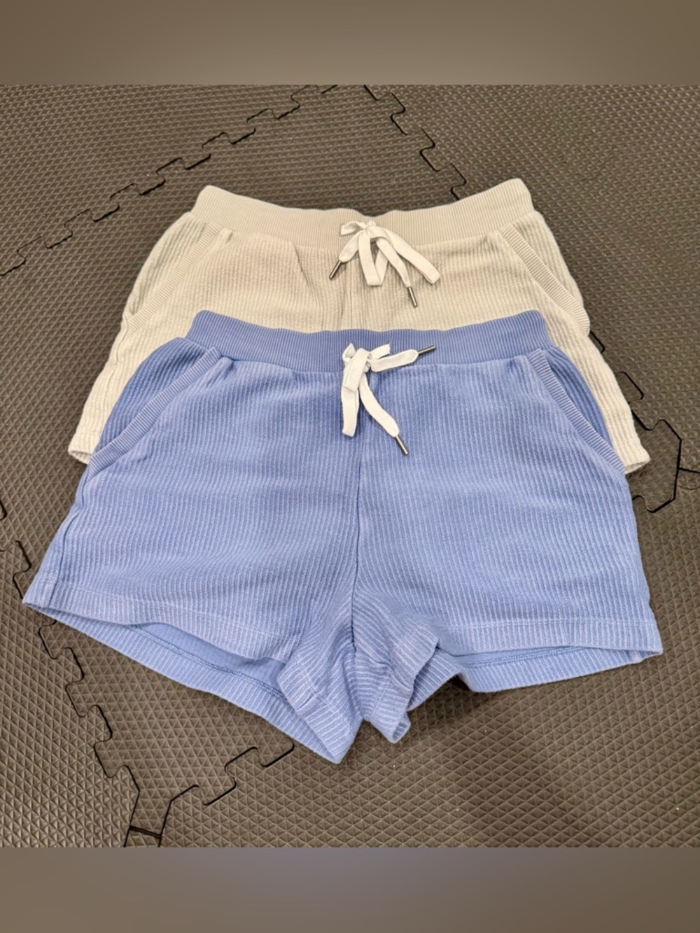 Aerie Waffle Knit Ribbed Athletic Shorts in Light Blue and Cream size M